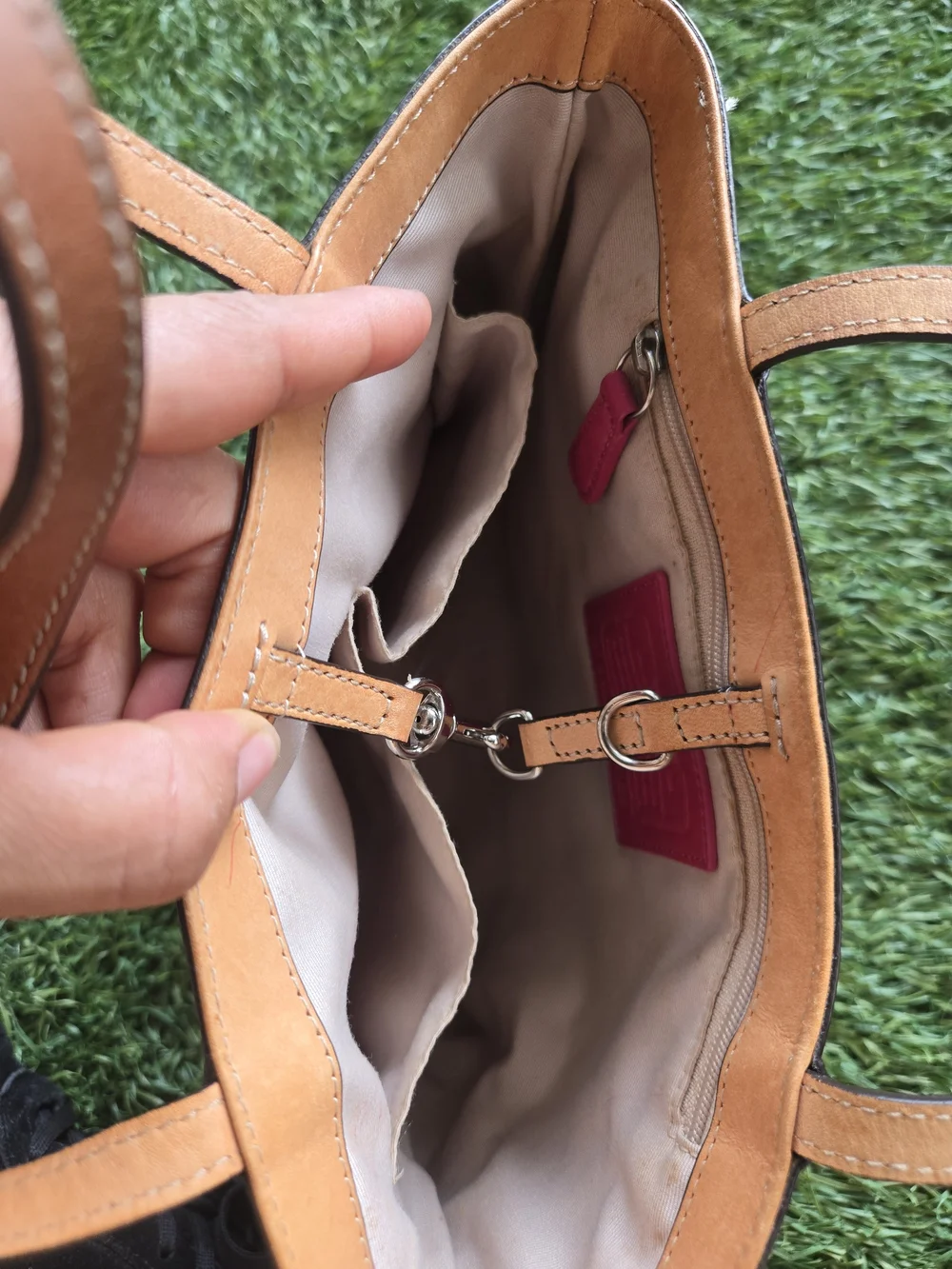 COACH Glossy Red Patent Mini Tote with Tan Trim